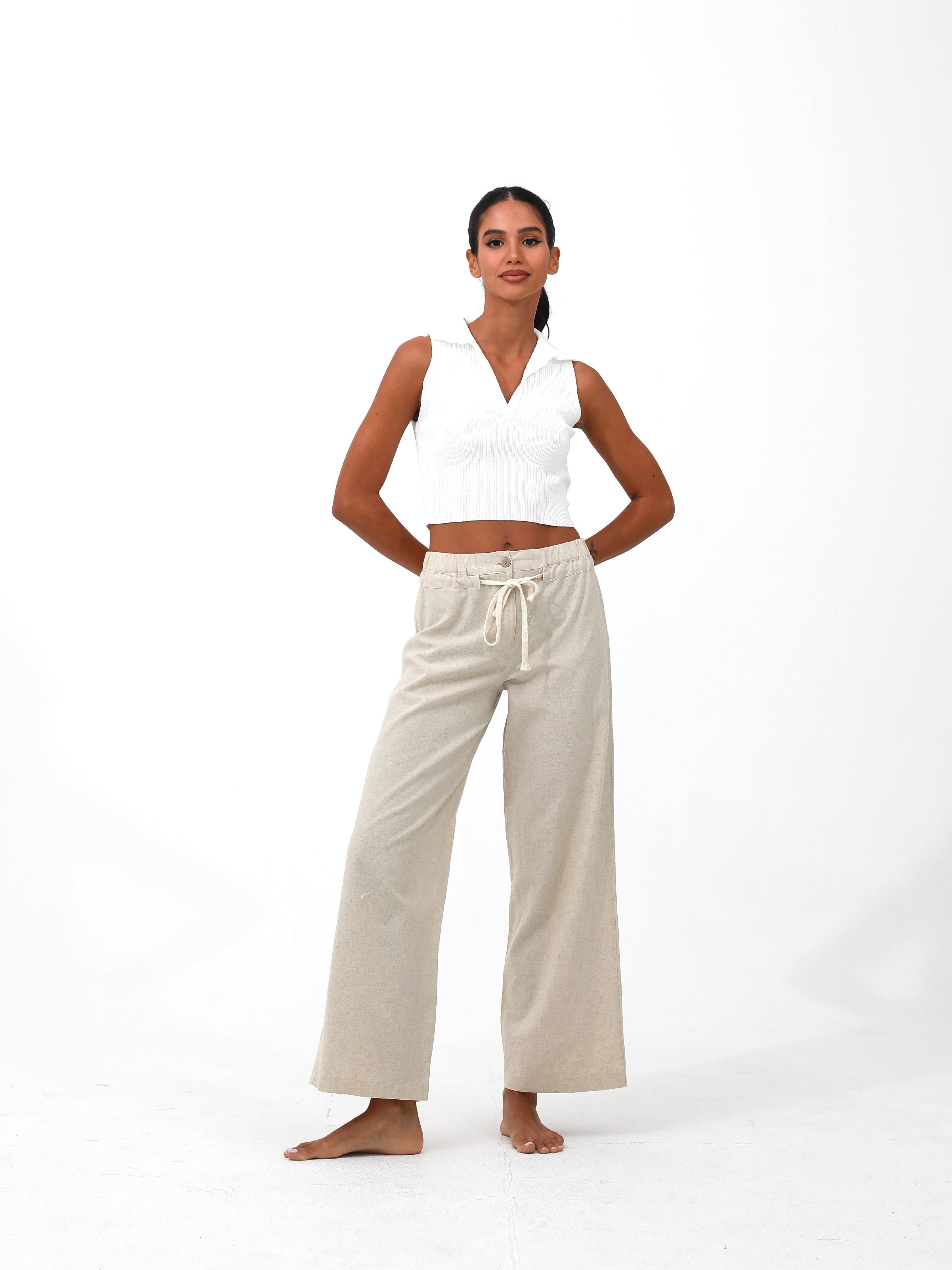 women linen cotton drawstring pants| Risska | Beige